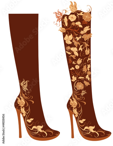 Stylized floral shoes. Stiletto boots.