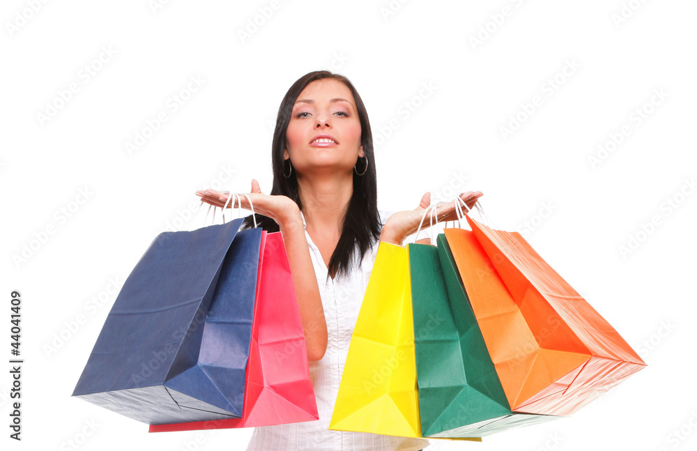 portrait cheerful woman holding shopping bags portrait cheerful woman holding shopping bags