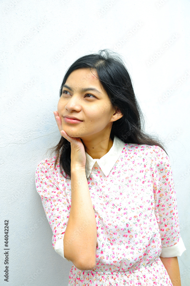 Confused woman, closeup portrait on background 