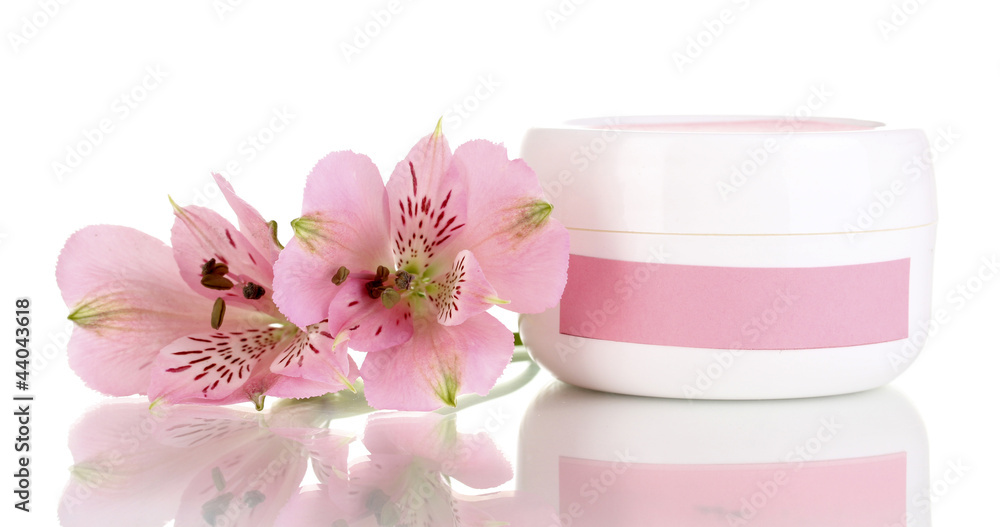 Jars of cream with flower isolated on white Jars of cream with flower isolated on white