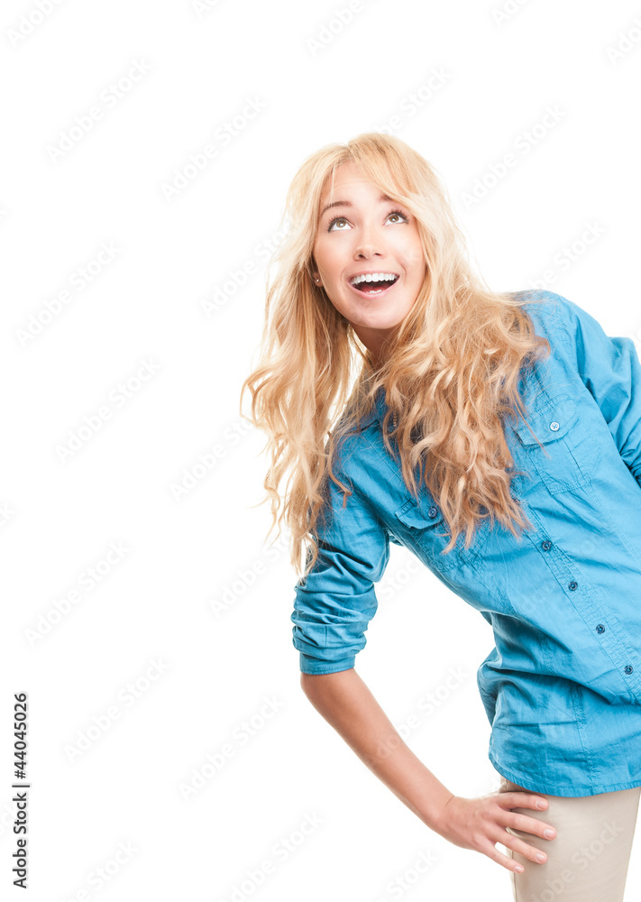 Pretty young woman looking up on white background. Pretty young woman looking up on white background.