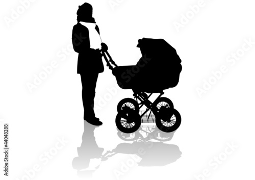 Silhouette of the girl with baby buggy