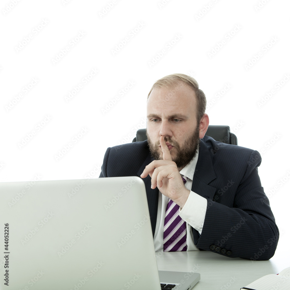beared business man sign quiet to person in laptop beared business man sign quiet to person in laptop