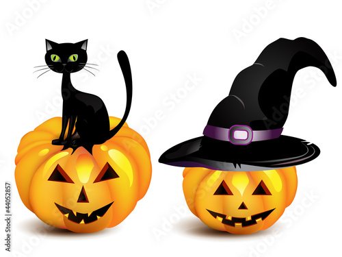 halloween pumpkin in the Black Witch Hat and cat