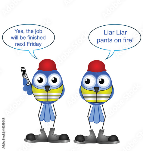 Comical construction workers lying to a client