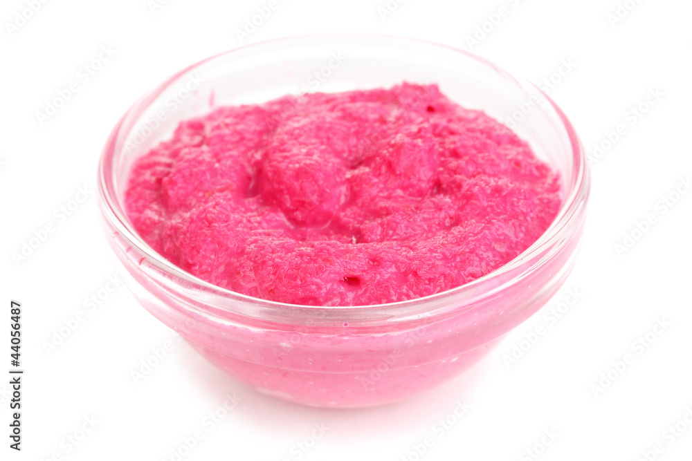Horseradish red sauce in glass bowl isolated on white Horseradish red sauce in glass bowl isolated on white