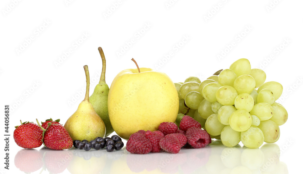 Mix of ripe sweet fruits and berries isolated on white Mix of ripe sweet fruits and berries isolated on white