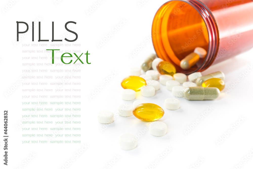 Liquid capsules and pills spilling out of bottle Liquid capsules and pills spilling out of bottle