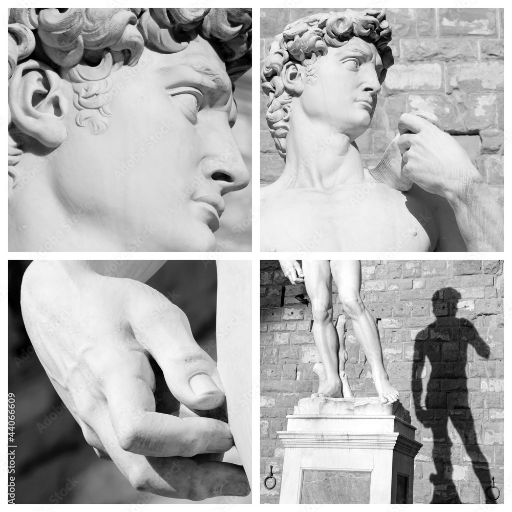collage with images of sculpture of David by Michelangelo, Flore Stock