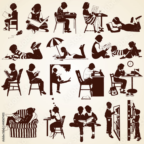 Children silhouettes, vector set of children  reading, learning