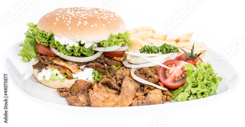 Kebab Burger with Chips on white