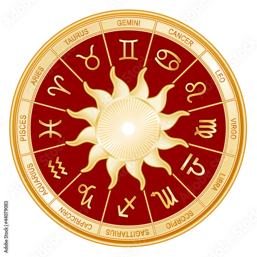 Horoscope Sun Signs, twelve gold Zodiac symbols, red mandala