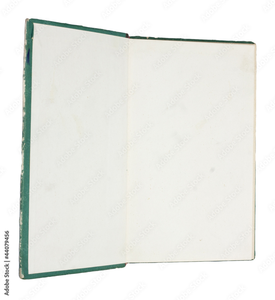 Blank opened book with green hard cover isolated on white.