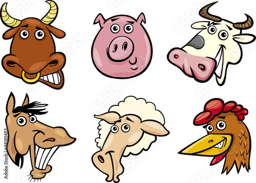 Cartoon farm animals heads set