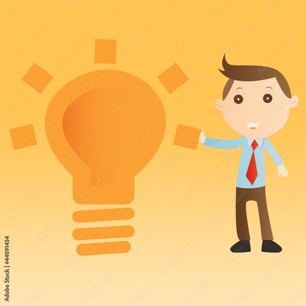 Businessman with bulb light on yellow background Businessman with bulb light on yellow background