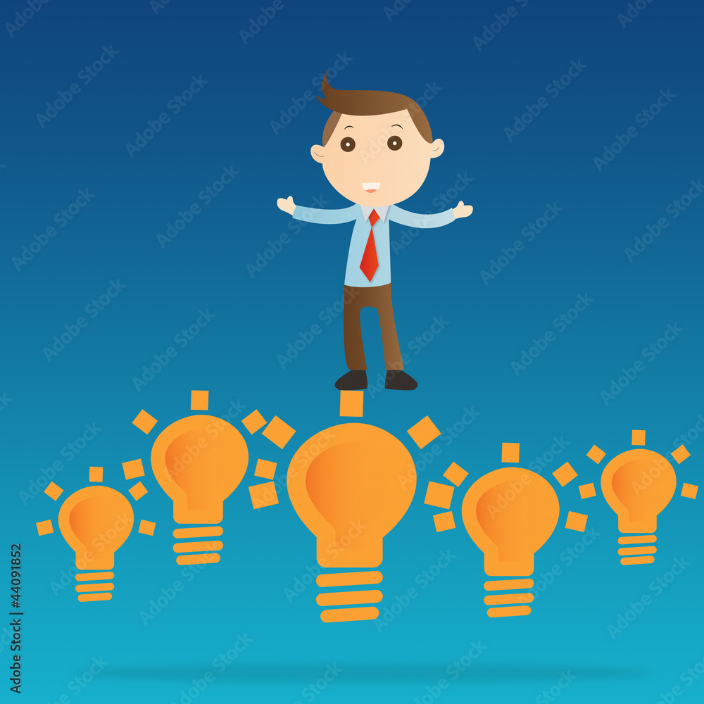 Businessman with bulb light on blue background Businessman with bulb light on blue background