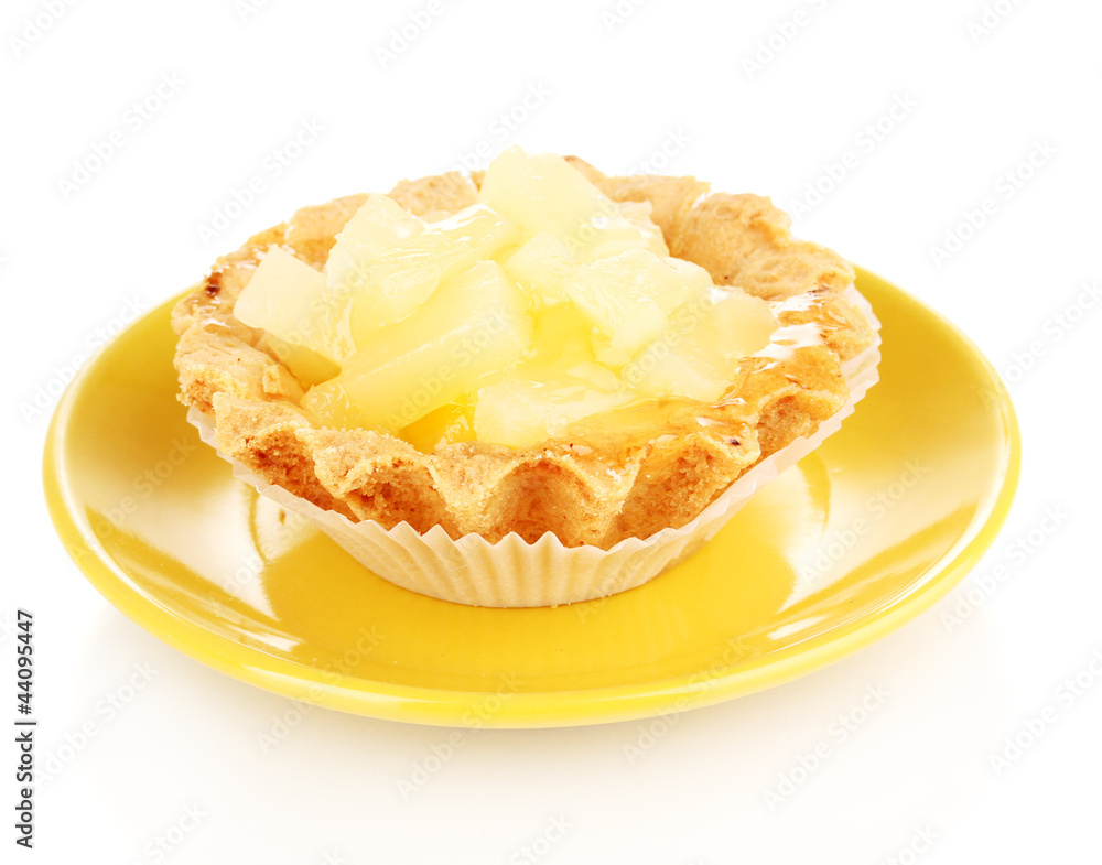 sweet cake with fruits on saucer isolated on white sweet cake with fruits on saucer isolated on white
