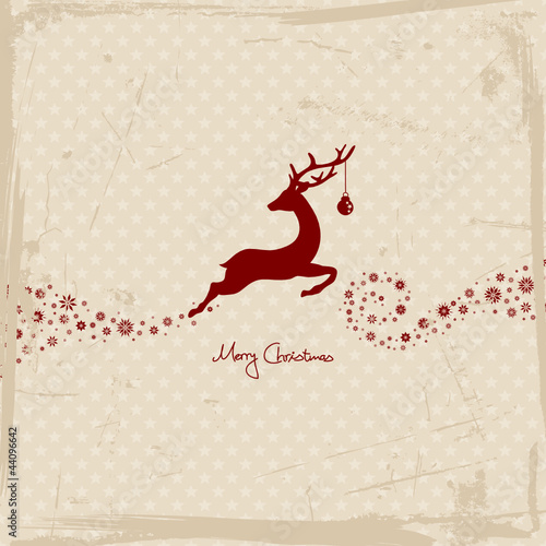 Jumping Reindeer & Stars Red Retro Beige Background
