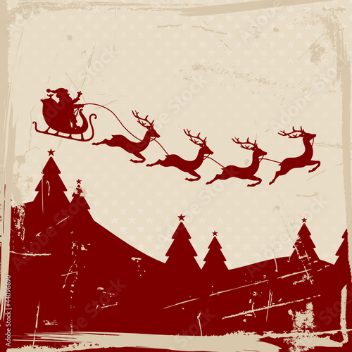 Christmas Sleigh 4 Flying Reindeers Red Retro Beige Background