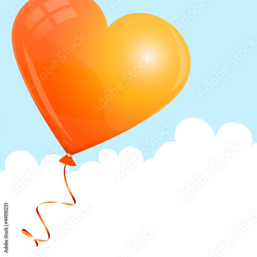 Flying Orange Heart Balloon Sky & Clouds