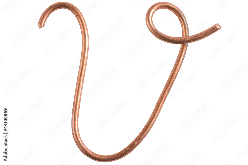 Copper metal wire in the form of letter V, modern US calligraphy Copper metal wire in the form of letter V, modern US calligraphy