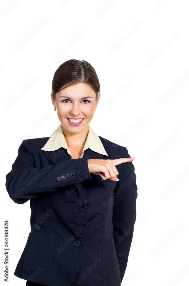 Business woman shows the direction to right. Business woman shows the direction to right.