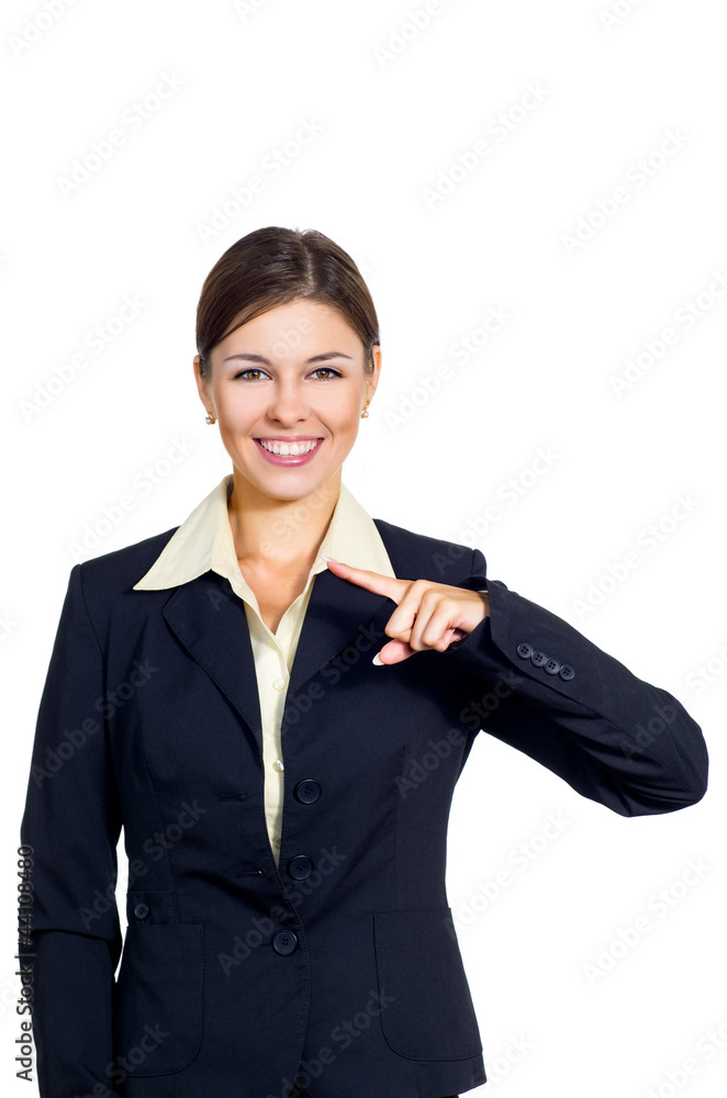 Business woman shows the direction of the left. Business woman shows the direction of the left.