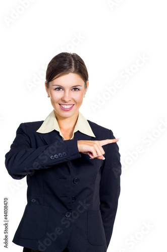 Business woman shows the direction to right.