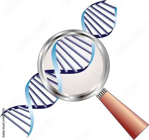 DNA helix under magnifying glass in focus of attention