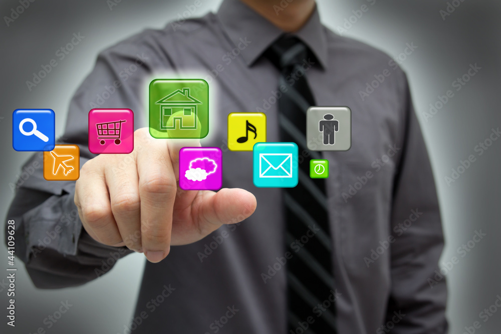 Businessman using hightech touchscreen interface Businessman using hightech touchscreen interface