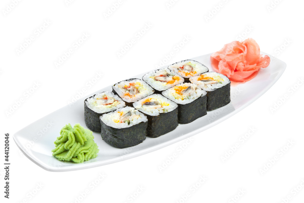 Sushi (Roll unagi maki) on a white background Sushi (Roll unagi maki) on a white background