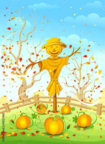 Scarecrow in garden. Vector illustration