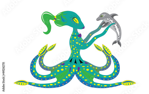 Woman octopus and baby dolphin.