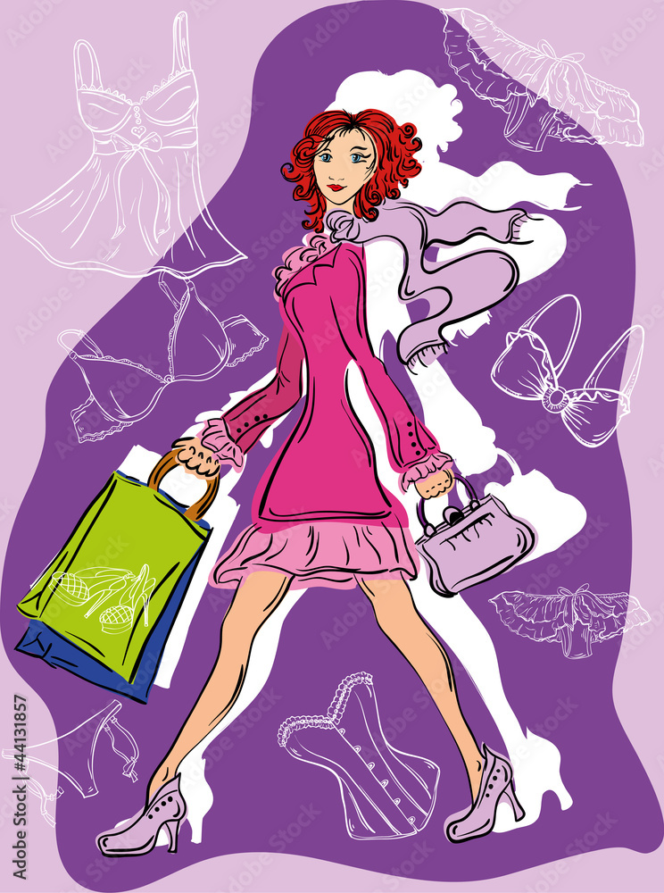 outline woman with shopping bags and lingerie outline woman with shopping bags and lingerie
