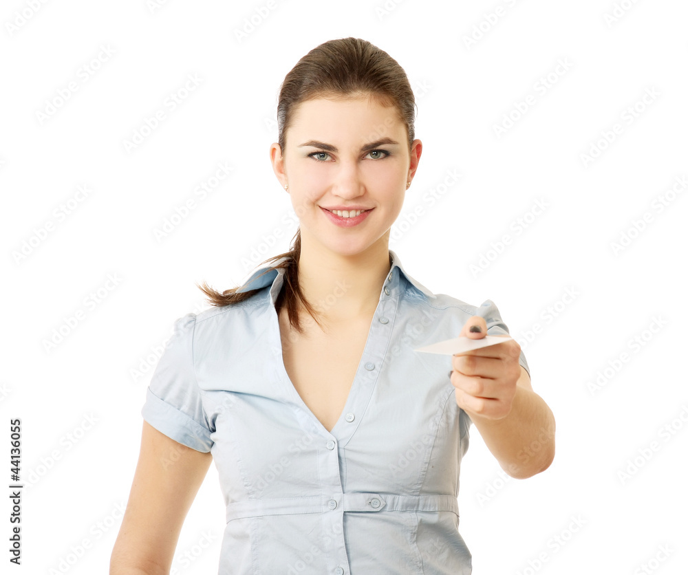 Businesswoman holding a blank empty card. Businesswoman holding a blank empty card.