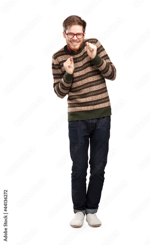 Naklejka premium Smiling young man silhouette, full-length portrait, isolated