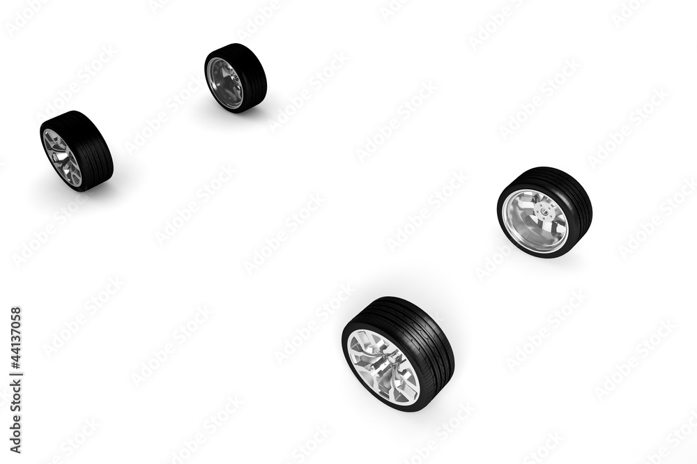 Set of car wheels isolated over white - 3d render Set of car wheels isolated over white - 3d render