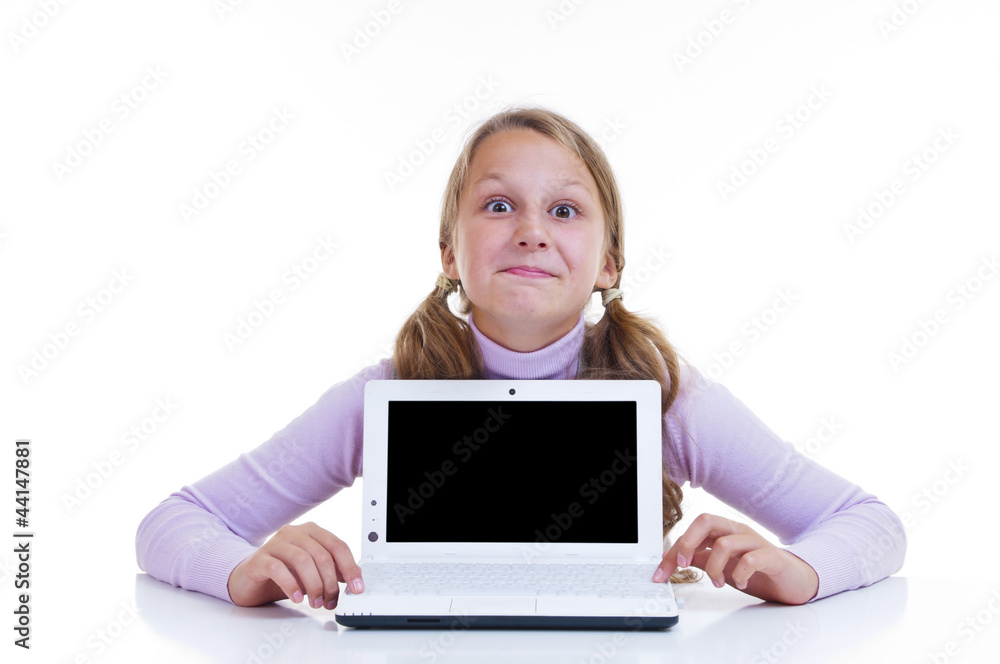 Schoolgirl with her white netbook Schoolgirl with her white netbook
