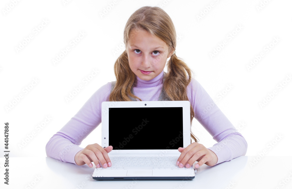 Schoolgirl with her white netbook Schoolgirl with her white netbook
