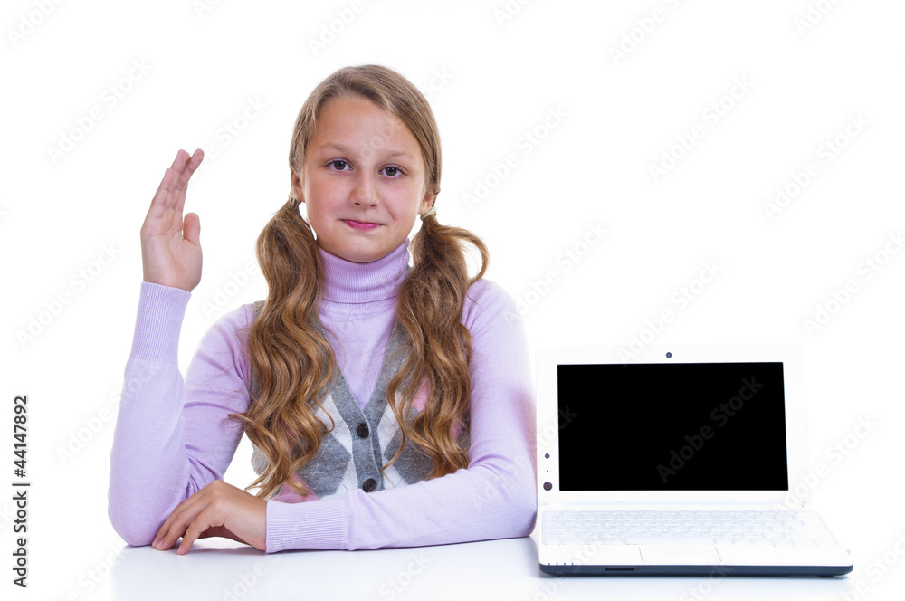 Schoolgirl with her white netbook Schoolgirl with her white netbook
