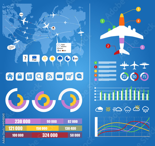Flight infographics. Civil airplanes trajectories on world map w