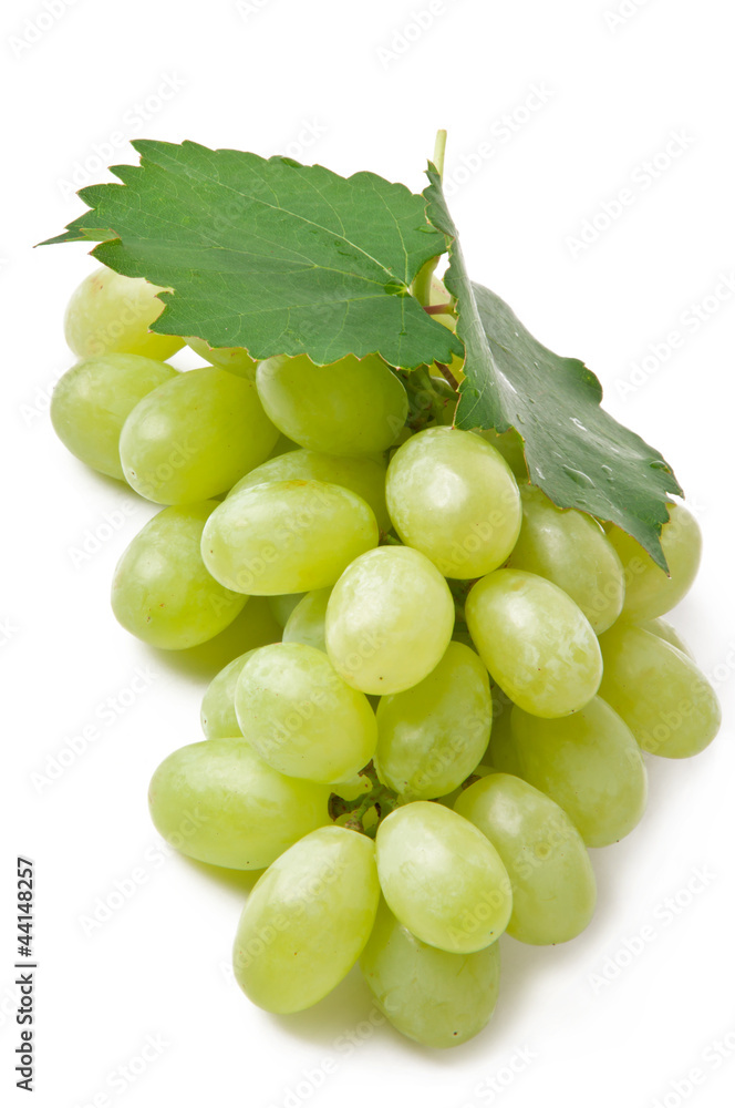 fresh grape fruits with green leaves isolated on white backgroun fresh grape fruits with green leaves isolated on white backgroun