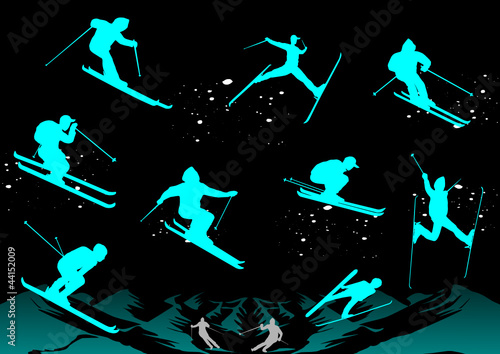 Skiers at night, vector file