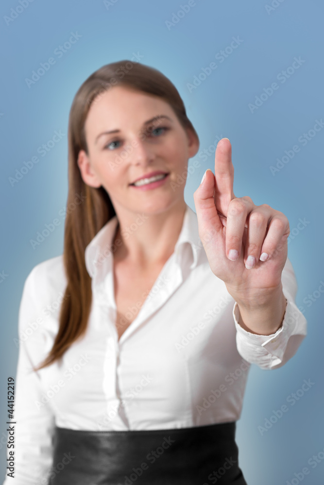 Attractive Brunette Woman Pressing Virtual Button Attractive Brunette Woman Pressing Virtual Button