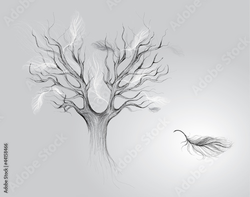 Autumn of life: Tree with falling feathers / Surreal sketch