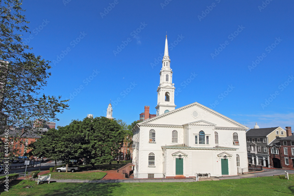 The First Baptist Church and partial skyline of Providence, RI