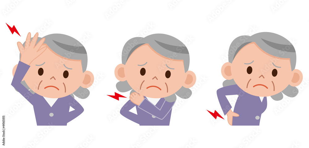 シニア女性　頭痛　腰痛　肩こり