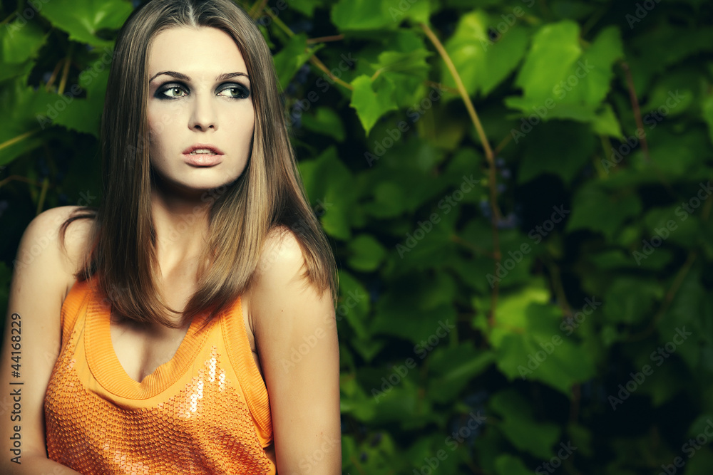 beautiful woman posing in fall vineyard beautiful woman posing in fall vineyard