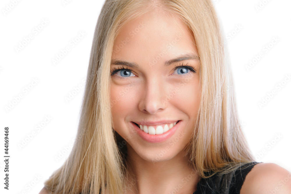 Closeup portrait of beautiful smiling woman isolated on white ba Closeup portrait of beautiful smiling woman isolated on white ba