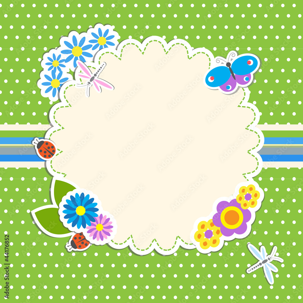 Frame with flowers and butterfly, ladybug,dragonfly